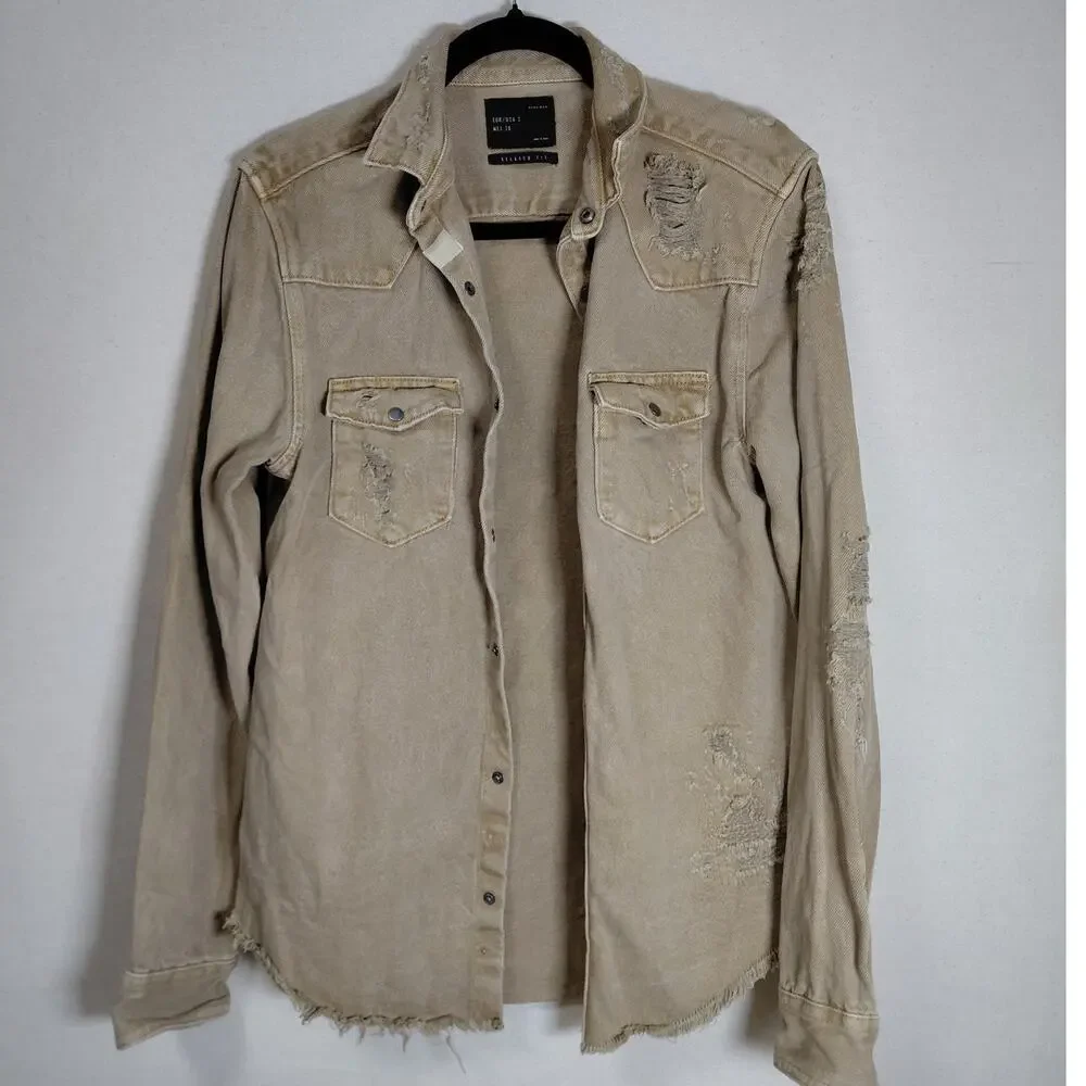 Zara Man Beige Denim Collared Distressed Raw Hem Jacket Men Size S